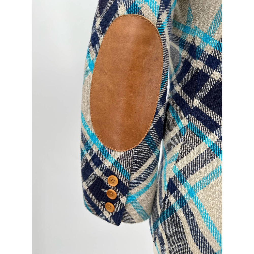 Smythe Plaid Blazer in Navy, Teal & Cream with Leather Elbow Patches - Picture 10 of 15